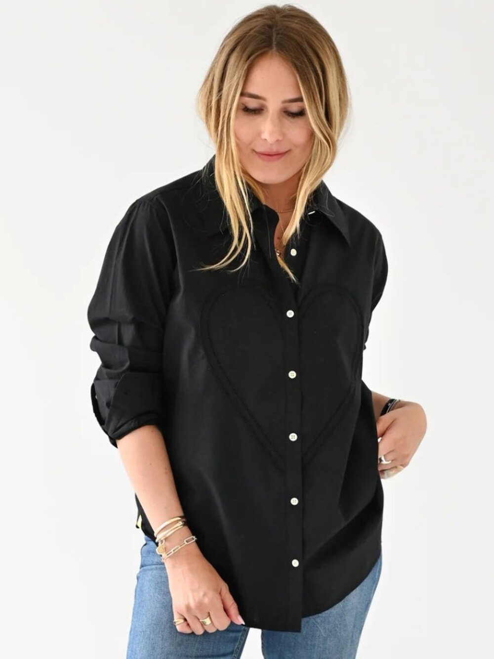 Kerri Rosenthal Heart Black Shirt Top Long Sleeve Collared Cotton M New 272248.